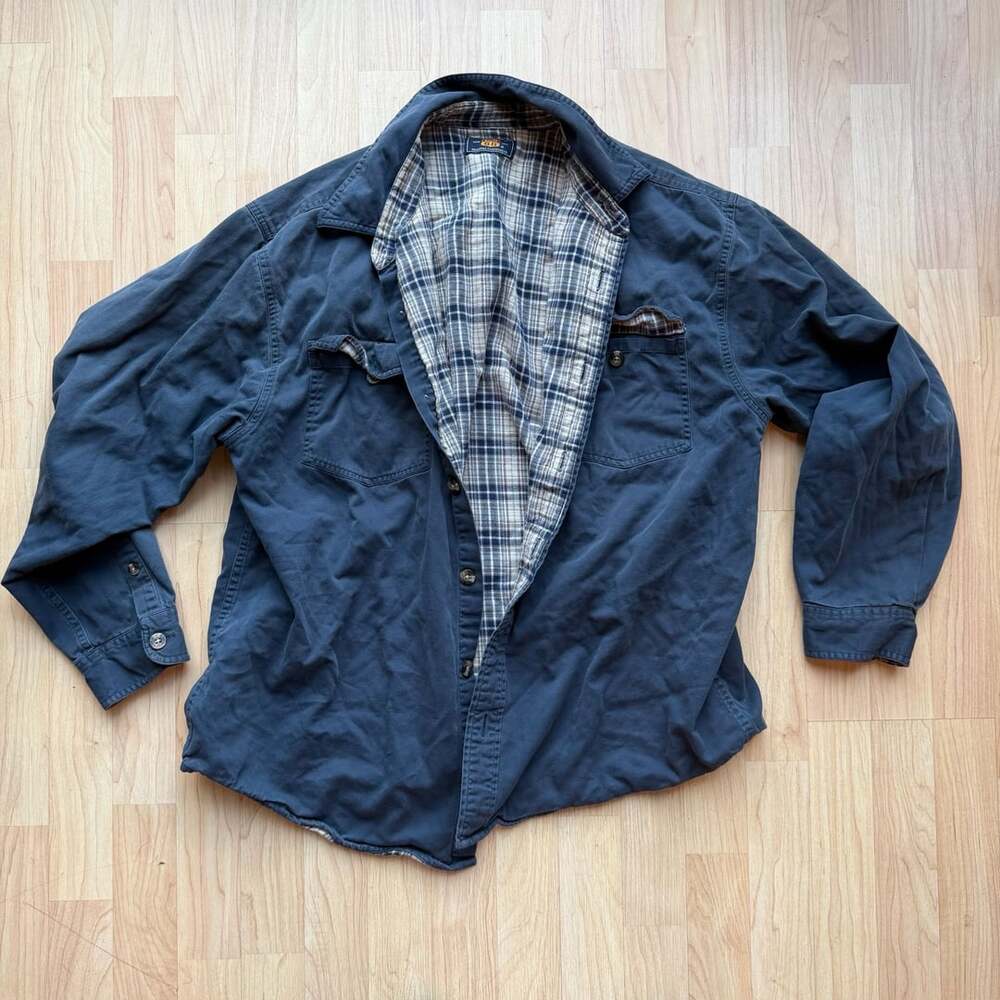 Vintage Route 66 Original Heavyweight Plaid Flannel Button Up Work Shirt Navy Un